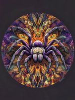 Ornate spider illustration in vibrant purple and orange hues with intricate mandala-style patterns and symmetrical design elements creating mystical circular composition.