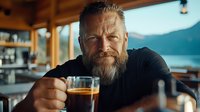 Mature bearded Caucasian man smiling while holding coffee cup in cafe interior. Casual lifestyle portrait with natural window lighting and mountain view background.