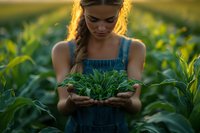 Young woman in denim overalls holding fresh green herbs in hands while standing in agricultural field during golden hour sunset.