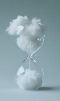 Glass hourglass filled with white clouds instead of sand on neutral background symbolizing time passing and weather concepts for business presentations.