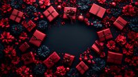 Red gift boxes and dark floral arrangement creating dramatic frame border on black background, festive holiday composition with moody lighting and decorative elements.