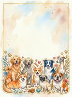 Adorable watercolor dog breeds border frame with golden retriever, corgi, pug, bulldog and other pets surrounded by floral elements and hearts.