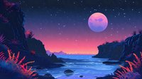 Mystical night landscape with pink full moon over calm ocean bay, starry purple sky, and silhouettes of tropical plants creating dreamy atmosphere.