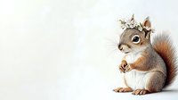 Adorable red squirrel wearing delicate flower crown with white blossoms and butterfly, sitting on white isolated background. Whimsical woodland animal art.