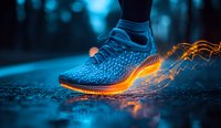 Athletic running shoe with glowing orange flame effect against dark blue background, dramatic sports footwear photography with creative light trails and reflection.