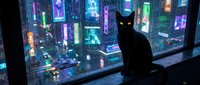 Black cat silhouette gazing at neon-lit cyberpunk cityscape from window at night, featuring glowing purple, blue, and green lights reflecting on glass.