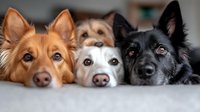 Four adorable dogs with different fur colors lying together in row, showing their faces and noses close-up on light gray background. Friendly pets portrait.