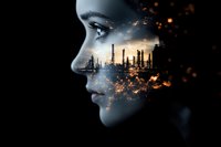 Female profile silhouette with double exposure effect showing industrial refinery towers at sunset, glowing particles and dramatic sky creating surreal atmosphere.