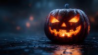 Glowing carved pumpkin with spooky face illuminated from within on dark background with magical bokeh lights creating mysterious Halloween atmosphere.