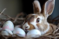 Adorable brown and white bunny lying in straw nest next to pastel decorated Easter eggs, close-up view showing rabbit's expressive eyes and long ears.