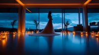 Silhouette of bride in flowing gown stands among glowing candles at twilight, framed by floor-to-ceiling windows overlooking palm trees and dramatic blue sky.