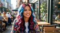 Young woman with long wavy hair in vibrant pink and blue tones, wearing casual white top, smiling outdoors in urban street setting with blurred city background and storefronts.