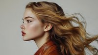 Young woman with flowing blonde hair in profile view against neutral background, wearing brown leather jacket. Natural makeup with red lips and windswept hair movement.