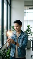 Young Asian man in denim jacket holding glowing light bulb with digital security icons in modern office space representing innovation and cybersecurity solutions.