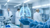 Medical professional in blue gloves holding holographic lung anatomy model in modern hospital laboratory for respiratory health research and diagnosis.