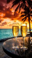 Two champagne glasses on tropical beach table at sunset with palm trees and ocean view for romantic celebration and luxury vacation concept.