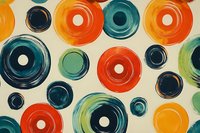 Vibrant retro circles pattern in orange, teal and red on cream background creates dynamic mid-century modern design. Seamless repeat for fabric and wallpaper.
