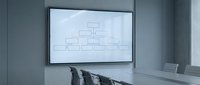 Modern conference room with wall-mounted display showing organizational chart diagram for business presentations and corporate meetings.