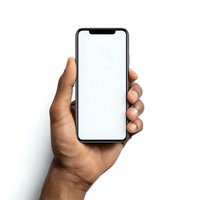 Hand holding modern smartphone with blank white screen mockup for app presentation and mobile interface design on white background.