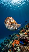 Nautilus swimming above vibrant coral reef with tropical fish in crystal clear blue ocean water with sunlight filtering through surface.