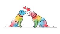 Two adorable rainbow gradient dogs sitting face to face with floating hearts above, expressing love and friendship in colorful artistic style.