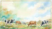 Watercolor pastoral landscape with grazing cattle in countryside meadow, featuring brown and black and white cows on farmland with fence and cloudy sky.