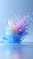 Vibrant explosion of blue, pink and purple liquid colors creating dynamic splash with water drops against light background, reflecting on surface.