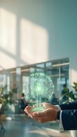 Businessman holding glowing digital brain circuit hologram in modern office representing artificial intelligence and technology innovation concepts.
