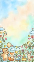 Watercolor nursery background with teddy bear, fox, bunny, toy train, kite, balloons, clouds, stars, hearts, flowers, and foliage. Soft pastel colors. Isolated design for children's products, invitations, and wall decor.