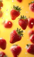 Fresh ripe strawberries floating in air with water drops on vibrant yellow background, macro shot with selective focus and bokeh effect.
