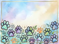 Colorful paw prints with watercolor background and decorative elements. Isolated design suitable for pet-related projects, greeting cards, and merchandise applications.