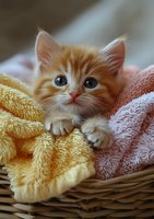 Adorable ginger kitten with blue eyes peeking out from soft yellow and pink towels in wicker basket, creating heartwarming pet photography moment.