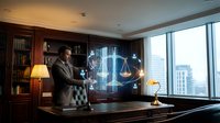 Professional businessman in suit interacting with holographic justice scales in modern law office with city view for legal technology concepts.