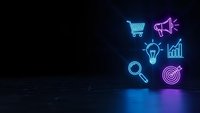 Neon business icons glowing on dark background with reflective floor for marketing presentations and digital commerce concepts.