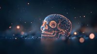 Glowing skull with intricate neon orange patterns against dark background with bokeh lights and stars, creating mystical atmospheric scene for Halloween designs.