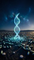 Glowing DNA double helix structure emerging from digital data stream against starry night sky background for biotechnology and genetic research concepts.