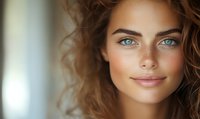 Young Caucasian woman with bright blue eyes and natural wavy brown hair smiling gently at camera against soft blurred background, showcasing natural beauty and radiant skin.