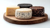 Artisanal cheese wheels with blue mold and spices on rustic wooden serving board, variety of aged dairy products showcasing different textures and colors.