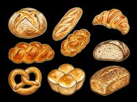 Assorted fresh baked bread and pastries isolated on transparent background. Includes croissant, pretzel, baguette, rolls, and loaves. Ready for clipart, t-shirt design, print-on-demand, sublimation, and sticker applications.