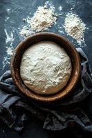 Fresh bread dough rising in wooden bowl with flour scattered on dark surface, homemade baking preparation for artisan bakery recipes and cooking projects.