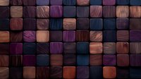 Wooden mosaic wall with square blocks in dark moody colors of purple, blue and brown creating dimensional geometric pattern. Modern architectural detail.