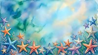 Watercolor ocean background with colorful starfish and coral border, soft blue and green tones, copy space for text or design.