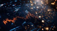 Abstract digital visualization of financial data with glowing orange and blue waveforms, stock market graphs, and particle effects representing analytics, trading, and investment analysis.