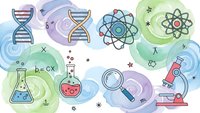 Science laboratory equipment with DNA molecules, atomic structures, microscope, test tubes and magnifying glass on colorful background for research.