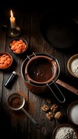 Melted chocolate in copper pot with baking ingredients on rustic wooden table by candlelight for dessert preparation and confectionery making.