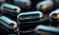 Shiny black medical capsules with metallic blue reflection on dark surface, macro photography with selective focus and bokeh effect for pharmaceutical concept.