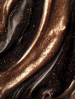Abstract liquid chocolate swirls with golden sparkles and dark waves creating luxurious marble texture pattern for packaging and cosmetic backgrounds.