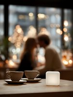 Romantic couple silhouettes with coffee cups and candle on wooden table in cozy cafe with warm bokeh lights creating intimate dining atmosphere.