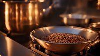 Fresh roasted coffee beans in metal bowl with warm ambient lighting and reflective surfaces creating moody atmosphere for coffee roasting process.