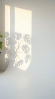 Sunlight streaming through window casting monstera plant shadows on white wall, creating natural light patterns for interior design and home decor projects.